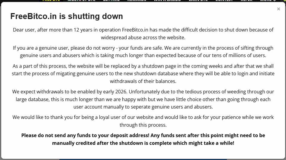 freebitco shutting down