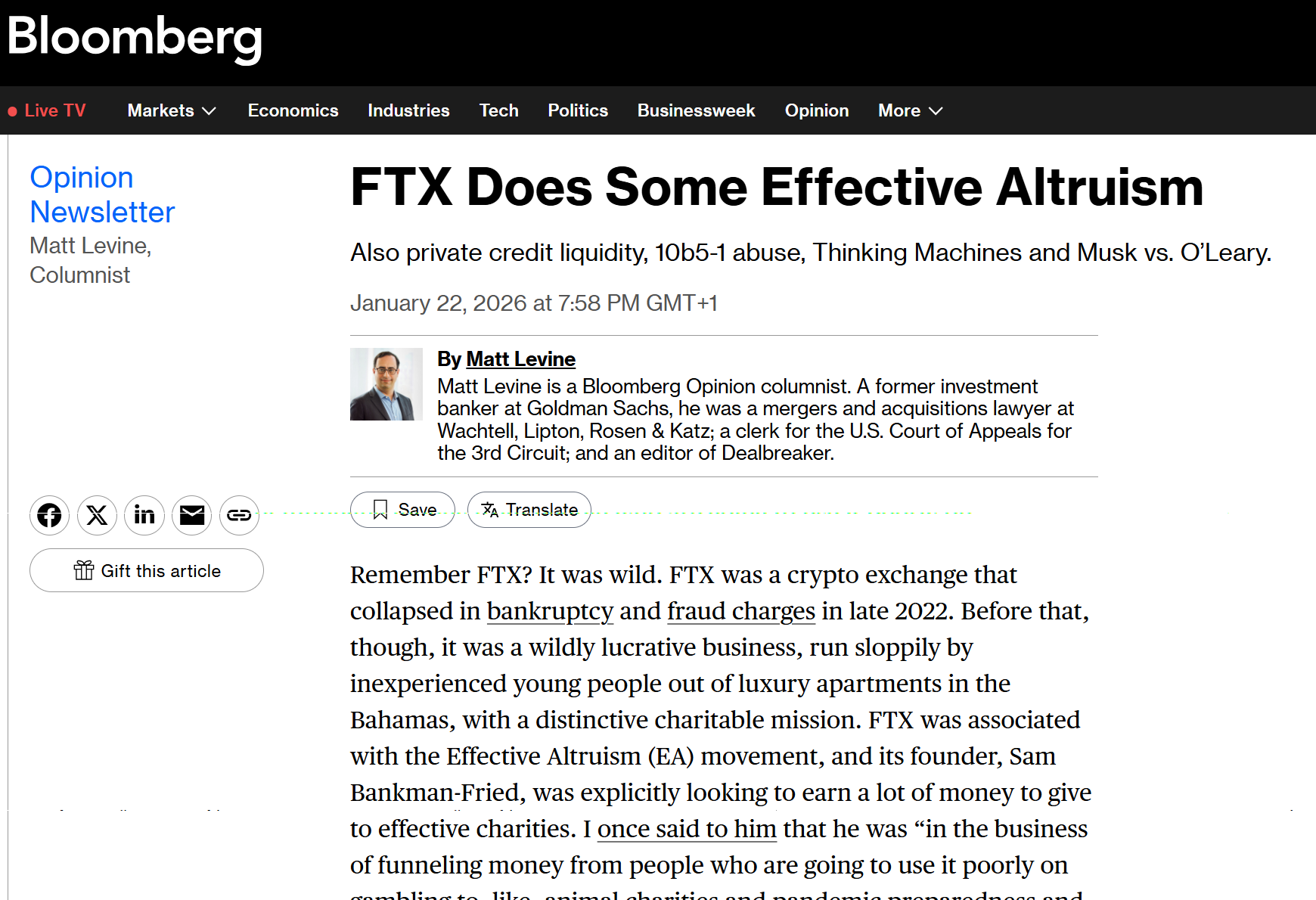 FTX, Mr. Sam, and Effective Altruism (Money Stuff/Bloomberg, Matt Levine)   stacker news